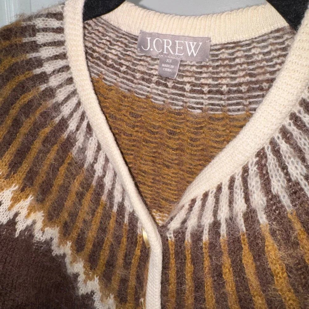 J.Crew Brown Fair Isle Alpaca Wool Blend Cropped Cardigan Gold Button BV354 XS